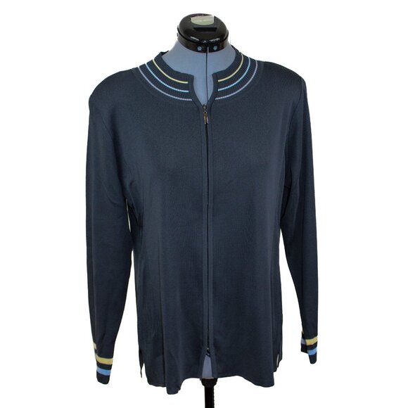 EXCLUSIVELY MISOOK Women's Medium Navy Cardigan Zip Up Front Slinky Classic - Picture 1 of 4